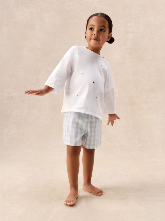 The White Company White Cotton Blend Heart & Gingham Relaxed Shortie Top & Shorts Set image 1