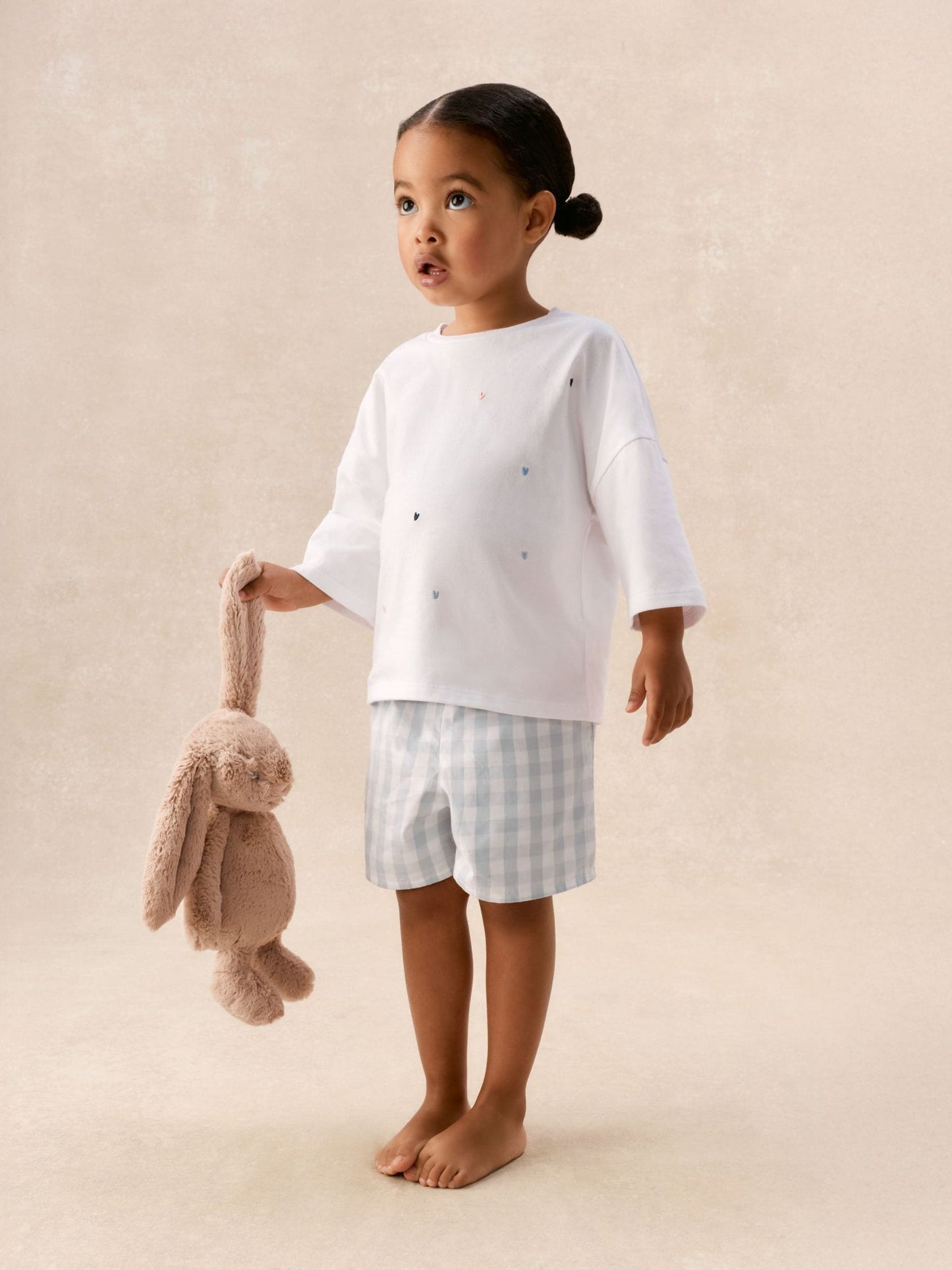 The White Company White Cotton Blend Heart & Gingham Relaxed Shortie Top & Shorts Set image 2
