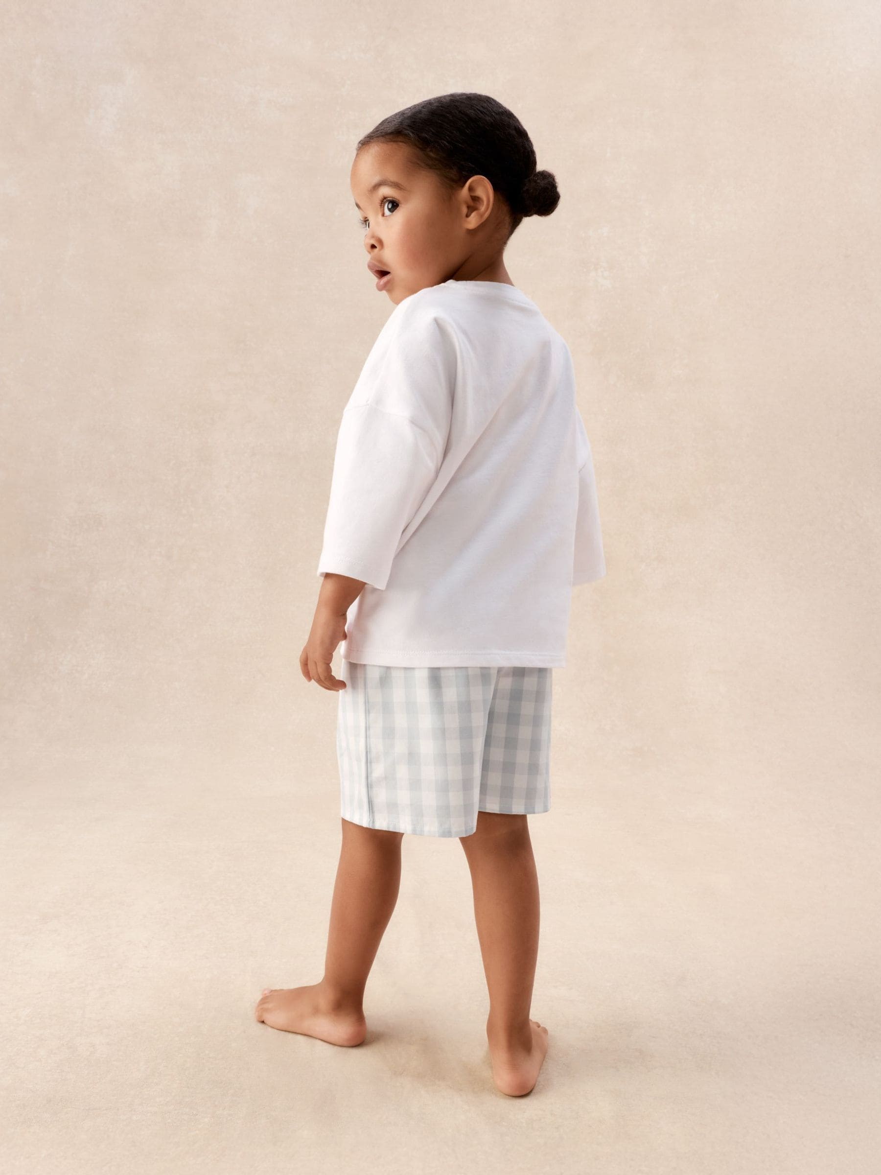 The White Company White Cotton Blend Heart & Gingham Relaxed Shortie Top & Shorts Set image 3