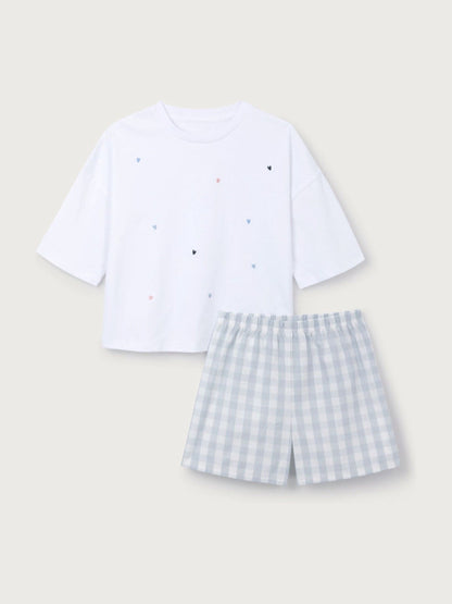 The White Company White Cotton Blend Heart & Gingham Relaxed Shortie Top & Shorts Set image 5