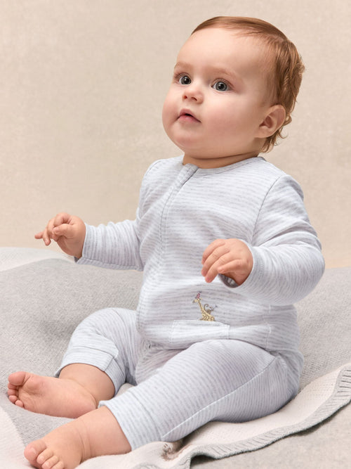 The White Company White Cotton Stripe Party Animal Embroidered Pocket Sleepsuit image 1
