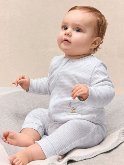 The White Company White Cotton Stripe Party Animal Embroidered Pocket Sleepsuit image 1