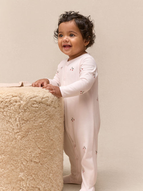 The White Company Pink Cotton Cherry Embroidered Sleepsuit image 1