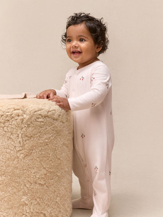 The White Company Pink Cotton Cherry Embroidered Sleepsuit image 1