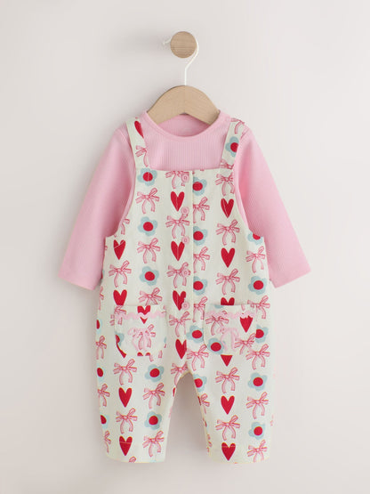 Ecru/Pink Bow And Heart Long Sleeve Bodysuit And Woven Dungarees Set 2 Piece (0mths-2yrs) - image 1