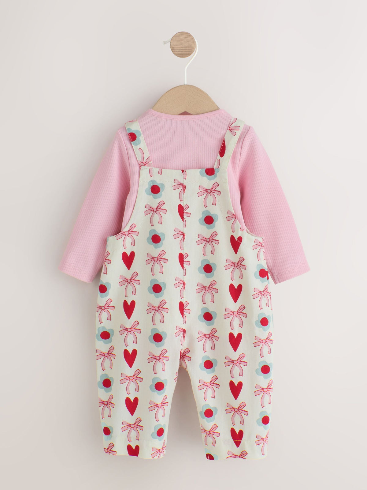 Ecru/Pink Bow And Heart Long Sleeve Bodysuit And Woven Dungarees Set 2 Piece (0mths-2yrs) - image 3