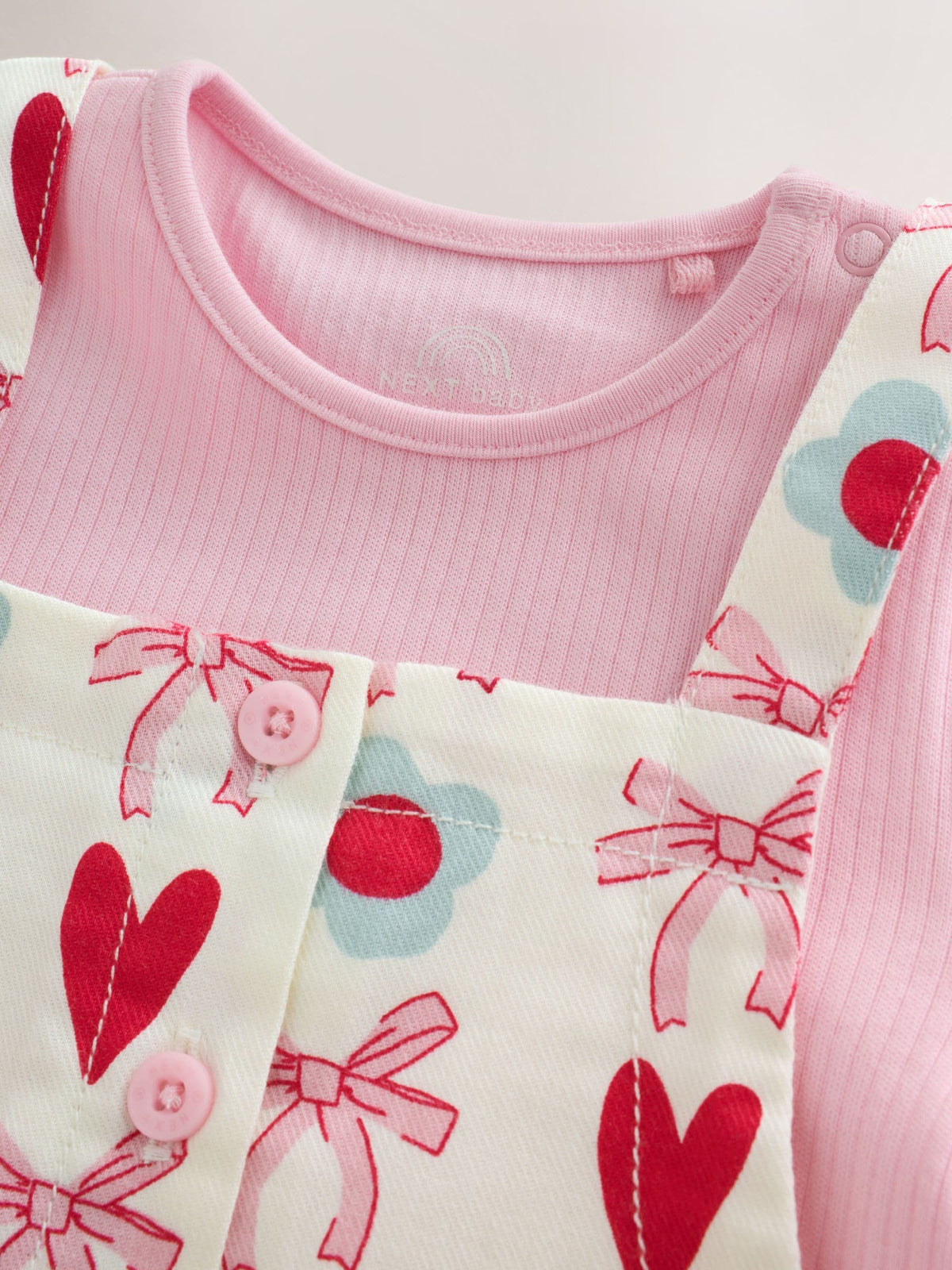 Ecru/Pink Bow And Heart Long Sleeve Bodysuit And Woven Dungarees Set 2 Piece (0mths-2yrs) - image 4