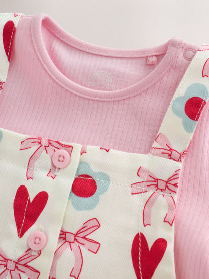Ecru/Pink Bow And Heart Long Sleeve Bodysuit And Woven Dungarees Set 2 Piece (0mths-2yrs) - image 4