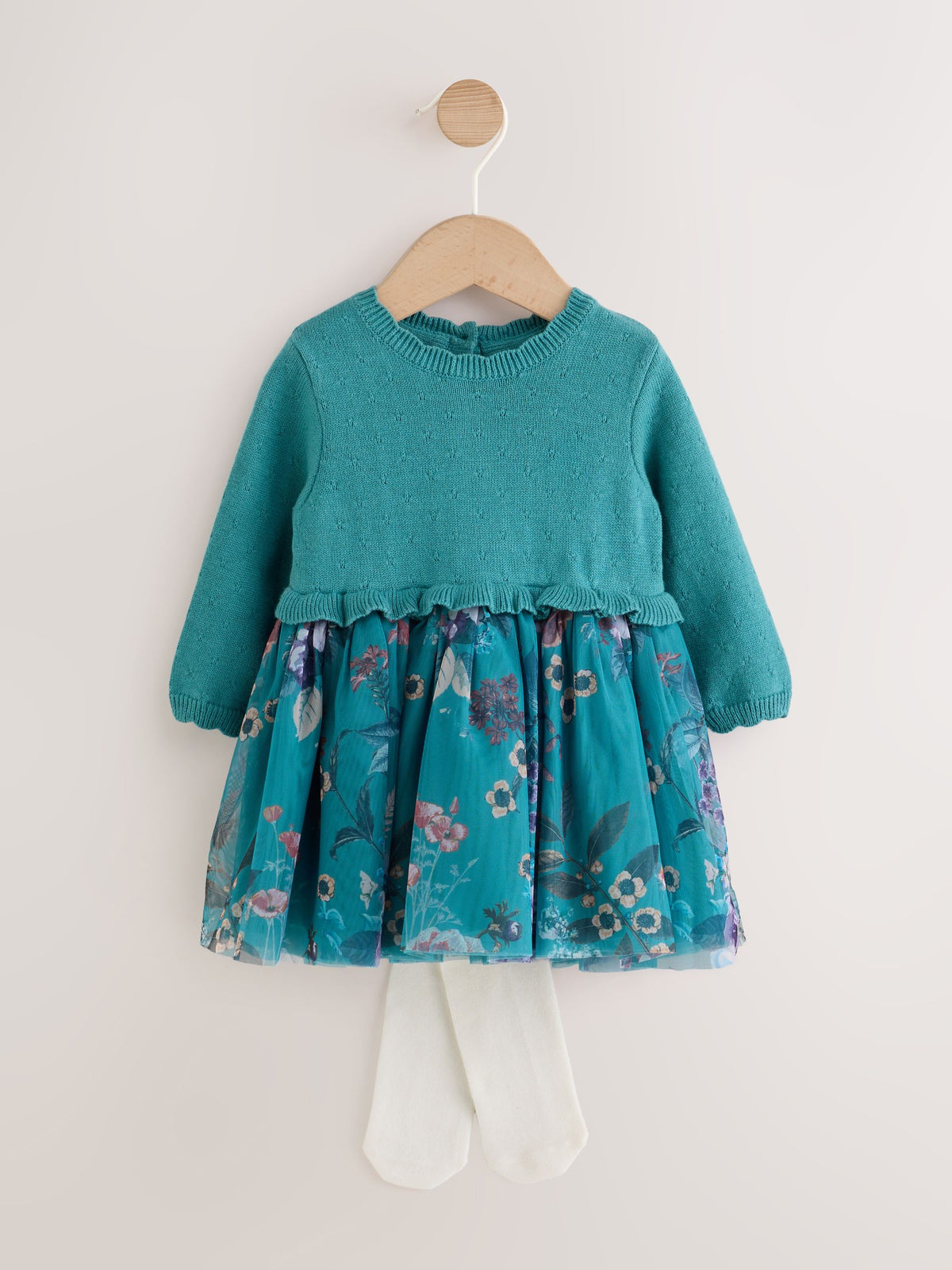 Dsiney Kidz - Teal Floral Twofer Knit & Mesh Baby Dress & Tights Set 2 Piece (0mths-2yrs) image 1