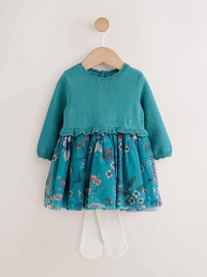 Dsiney Kidz - Teal Floral Twofer Knit & Mesh Baby Dress & Tights Set 2 Piece (0mths-2yrs) image 1