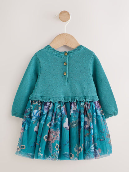 Dsiney Kidz - Teal Floral Twofer Knit & Mesh Baby Dress & Tights Set 2 Piece (0mths-2yrs) image 2
