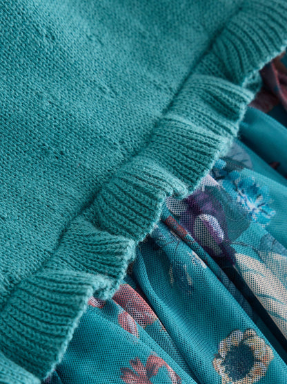 Dsiney Kidz - Teal Floral Twofer Knit & Mesh Baby Dress & Tights Set 2 Piece (0mths-2yrs) image 3
