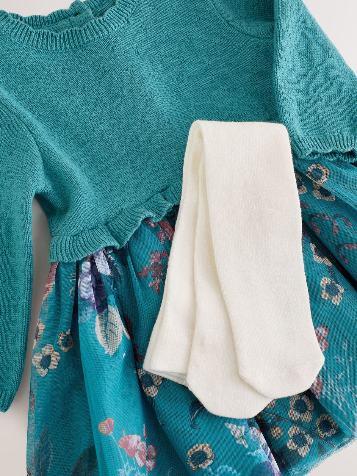 Dsiney Kidz - Teal Floral Twofer Knit & Mesh Baby Dress & Tights Set 2 Piece (0mths-2yrs) image 4