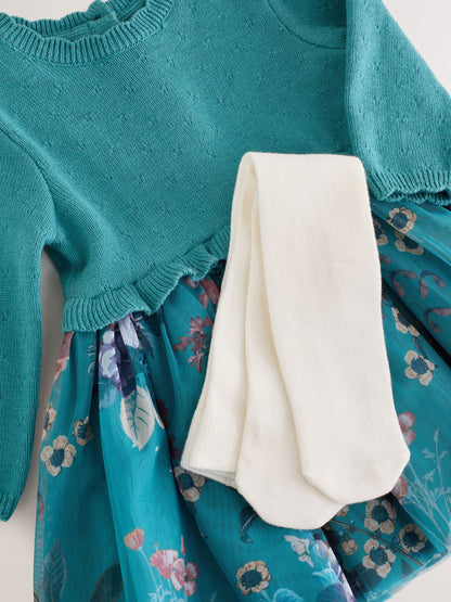 Dsiney Kidz - Teal Floral Twofer Knit & Mesh Baby Dress & Tights Set 2 Piece (0mths-2yrs) image 4