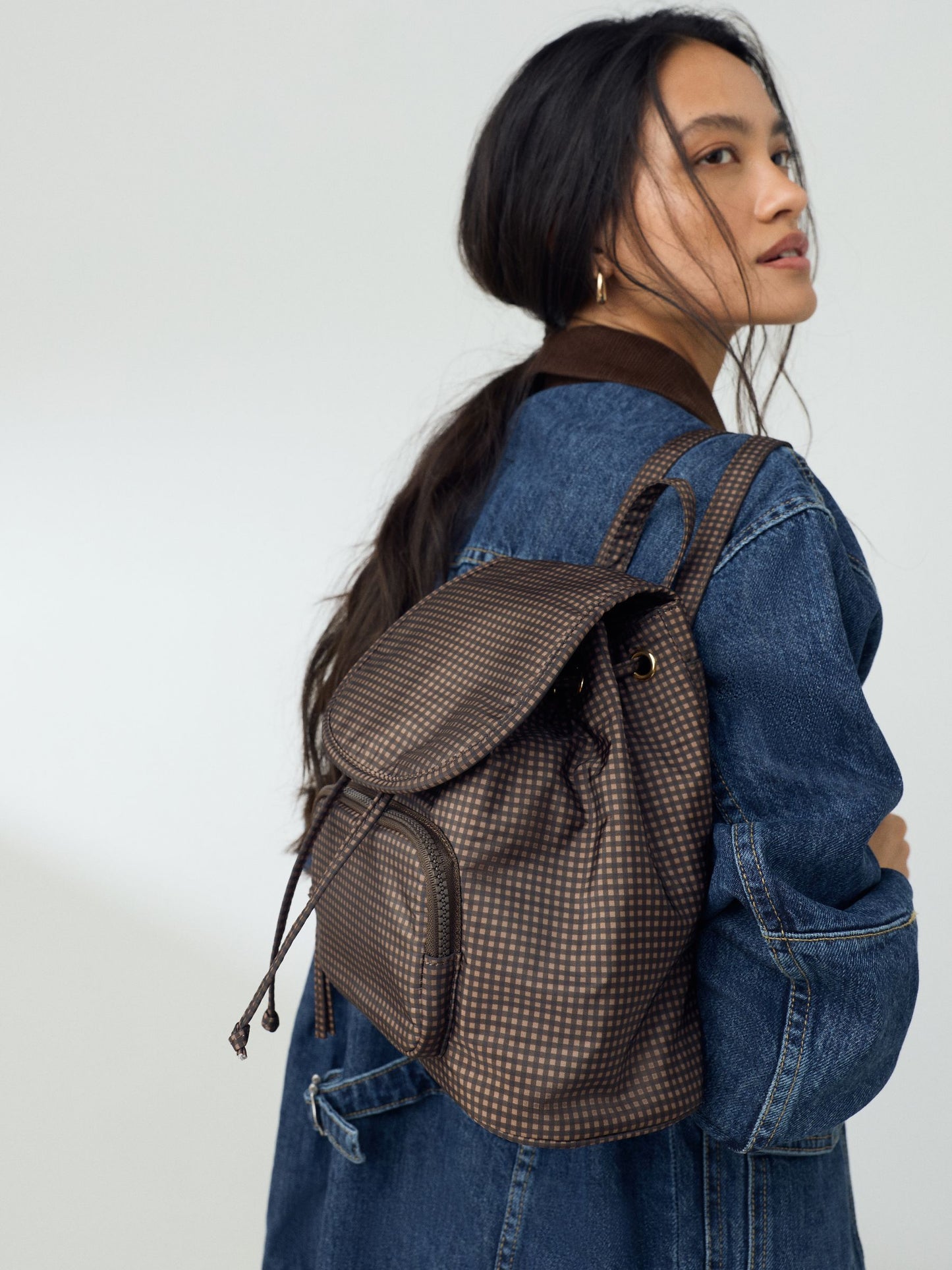 Chocolate Brown Check Nylon Mini Rucksack Bag image 1