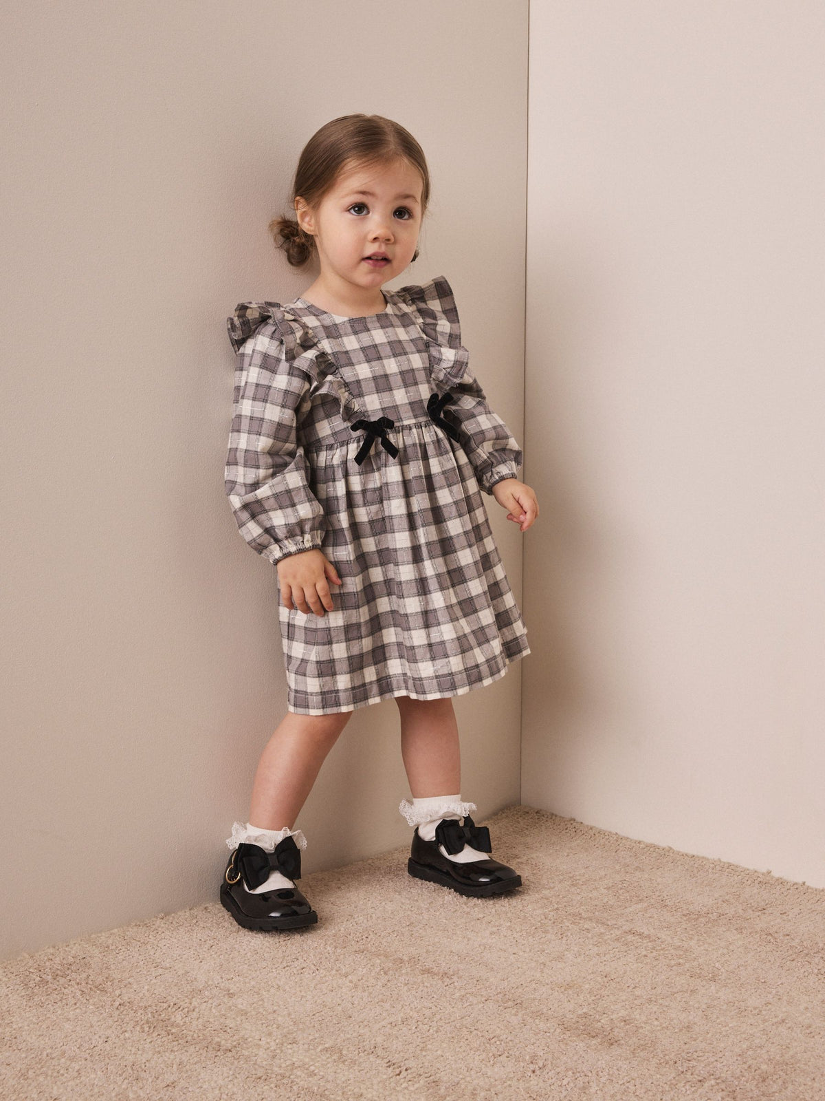 Dsiney Kidz - Grey Velvet Bow Long Sleeve Check Dress (3mths-8yrs) image 1
