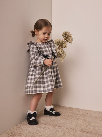 Dsiney Kidz - Grey Velvet Bow Long Sleeve Check Dress (3mths-8yrs) image 2