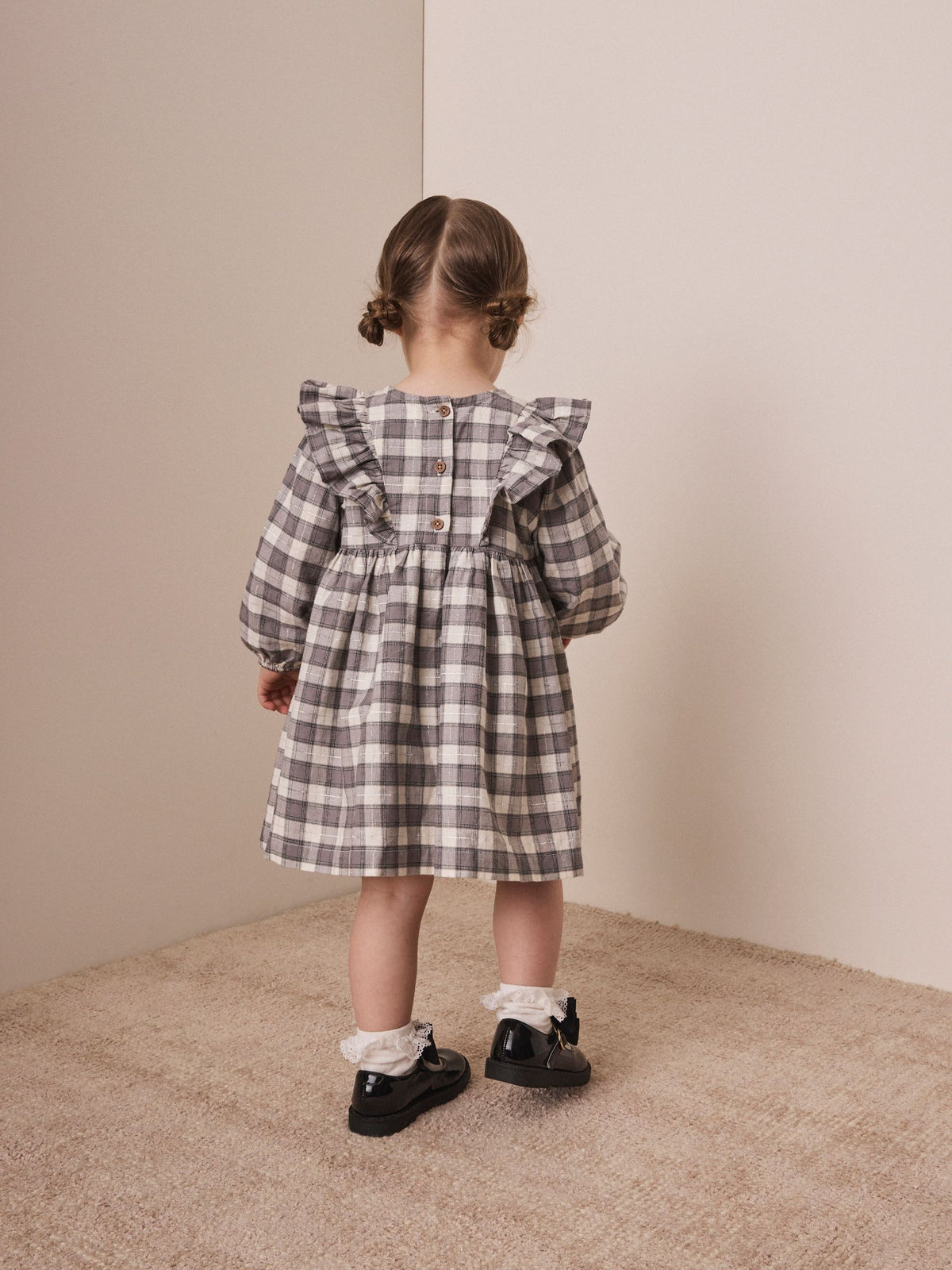 Dsiney Kidz - Grey Velvet Bow Long Sleeve Check Dress (3mths-8yrs) image 3