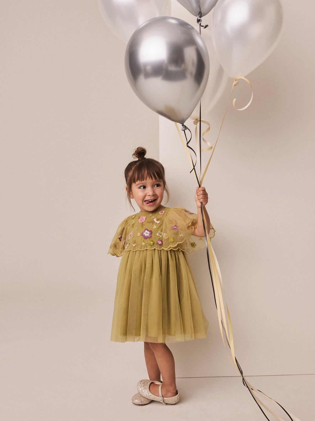 Dsiney Kidz - Olive Green Embroidered Mesh Occasion Dress (3mths-8yrs) image 1