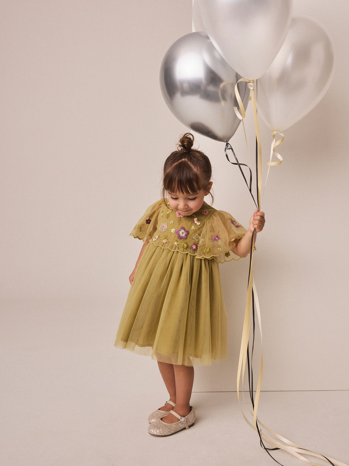 Dsiney Kidz - Olive Green Embroidered Mesh Occasion Dress (3mths-8yrs) image 2