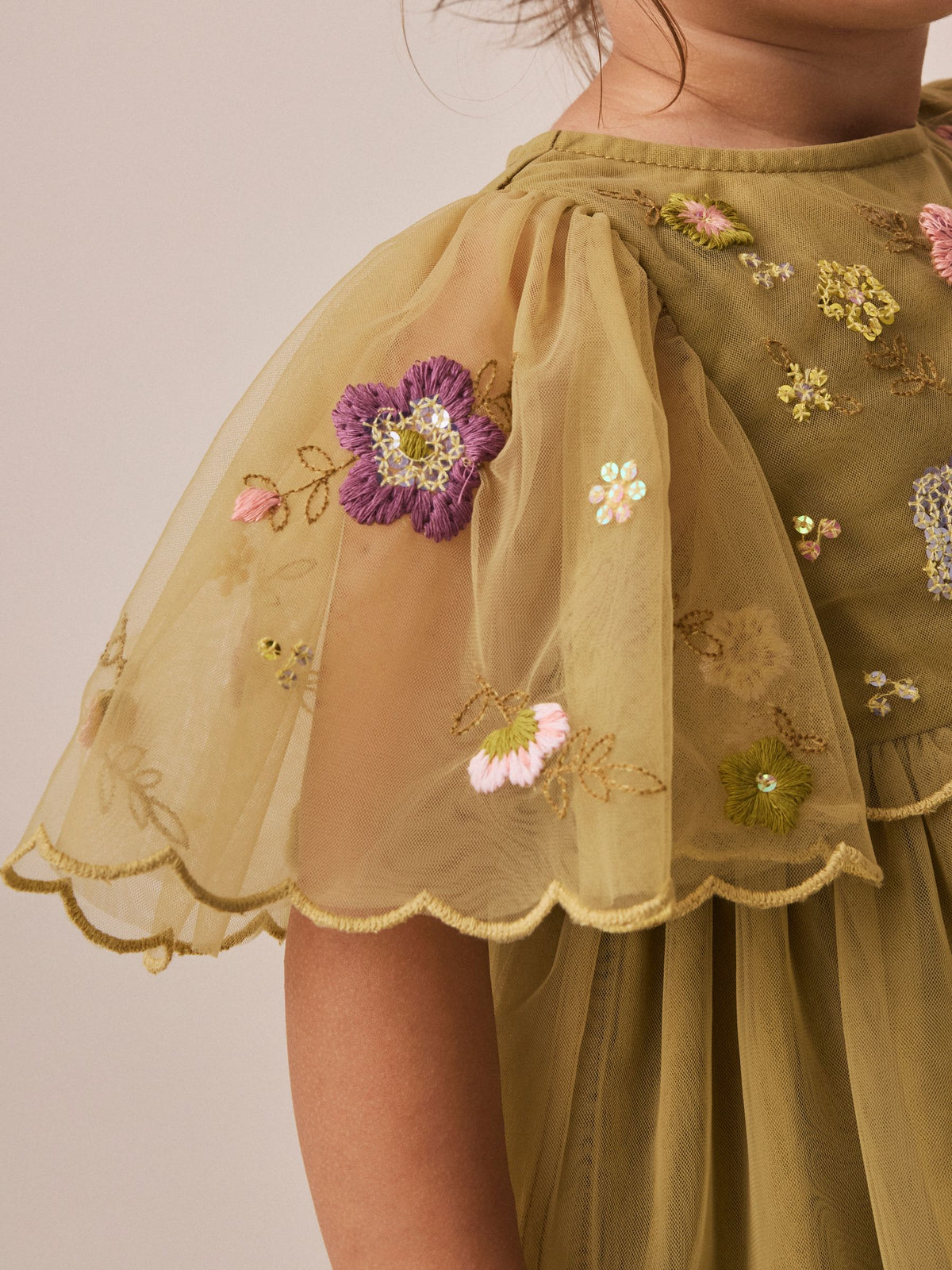 Dsiney Kidz - Olive Green Embroidered Mesh Occasion Dress (3mths-8yrs) image 4