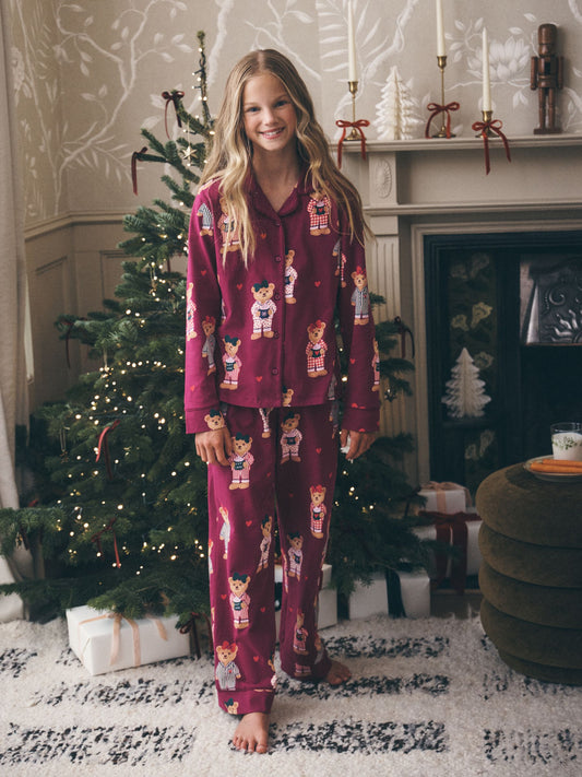 Burgundy Red Bear Jersey Button-Through Pyjamas (3-16yrs) - image 1