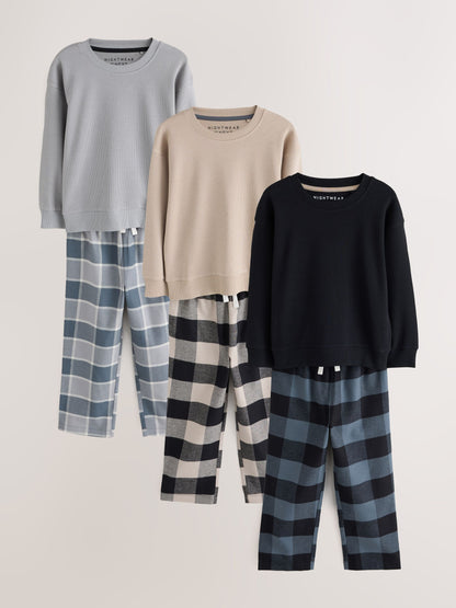 Black/Stone/Grey Woven Check Pyjamas 3 Pack (3-16yrs) - image 1
