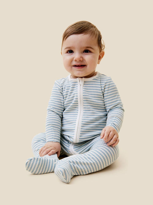 MORI Blue Supersoft Ribbed Stripe Two Way Zip-Up Sleepsuit image 1