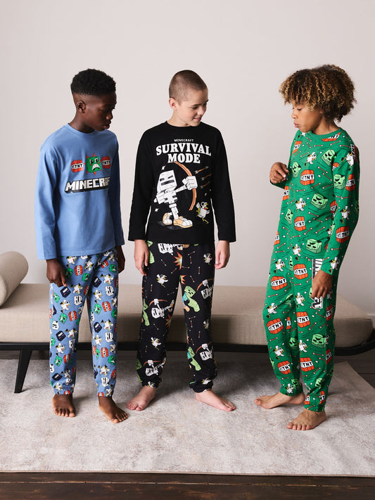 Blue/Green/Grey Minecraft Long Sleeve Jogger Pyjamas 3 Pack (5-16yrs) - image 1