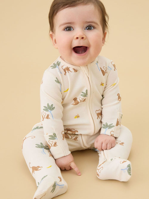 MORI Cream Monkeys Clever Zip Supersoft Sleepsuit image 1