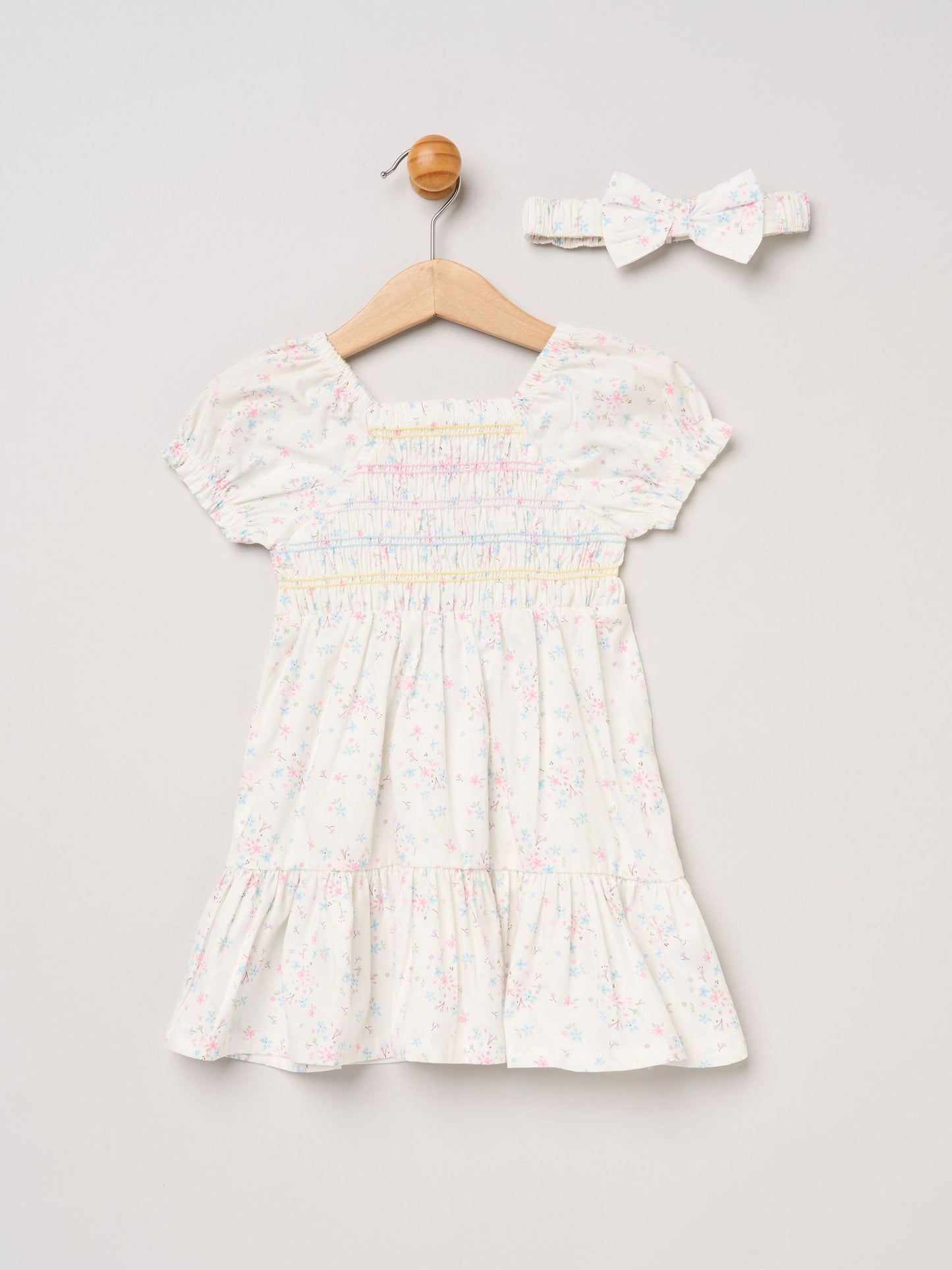 Miss White Floral Embroidered Smocked Dress With Headband Set image 1