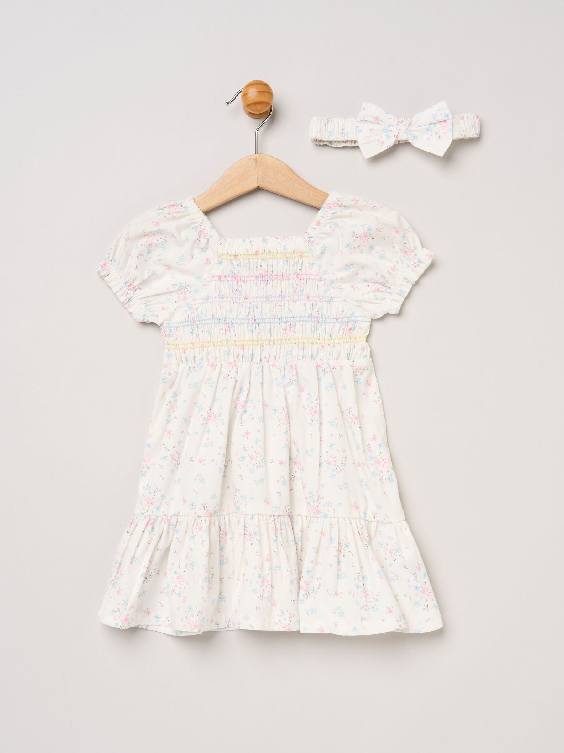 Miss White Floral Embroidered Smocked Dress With Headband Set image 1