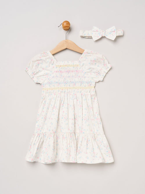 Dsiney Kidz - Miss White Floral Embroidered Smocked Dress With Headband Set image 1