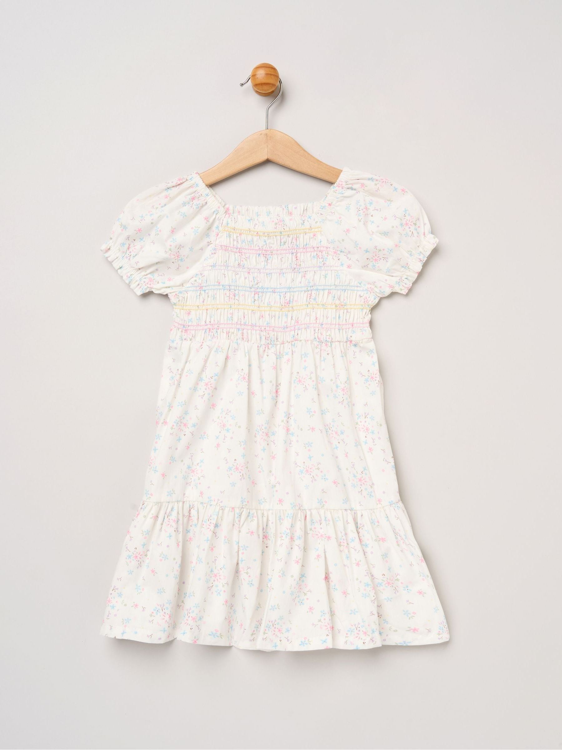 Miss White Floral Embroidered Smocked Dress With Headband Set image 2