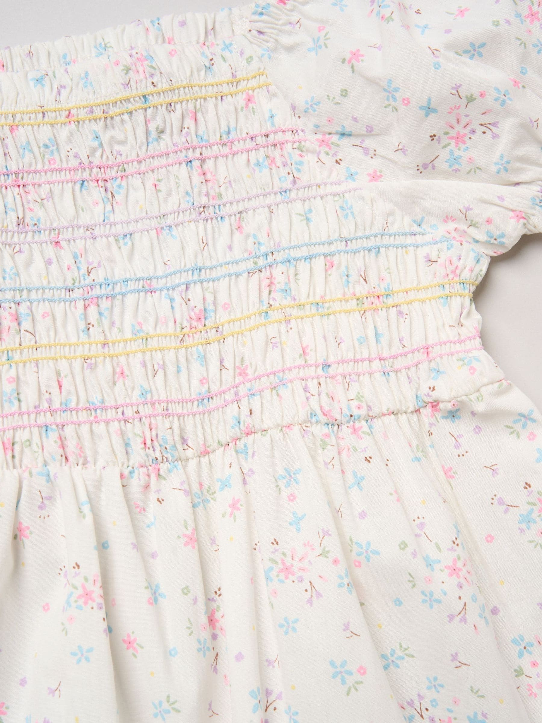 Miss White Floral Embroidered Smocked Dress With Headband Set image 3