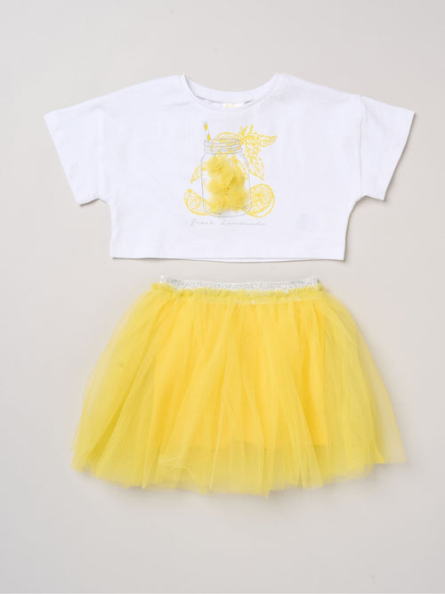 Dsiney Kidz - Miss Yellow Bow Applique Short Sleeve T-Shirt And Tutu Skirt Outfit Set image 1