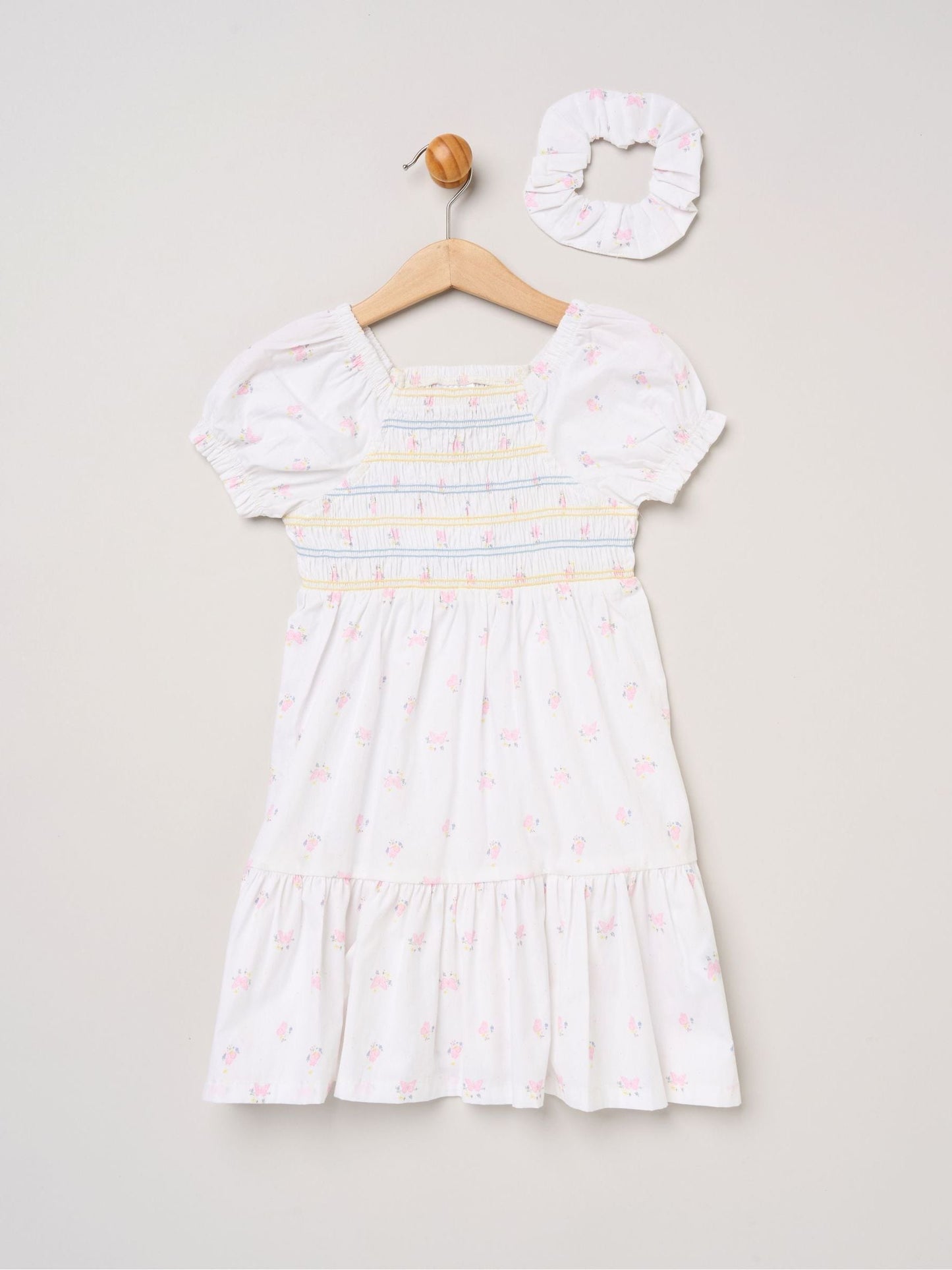 Miss White Butterfly Embroidered Smocked Dress With Scrunchie Set image 1