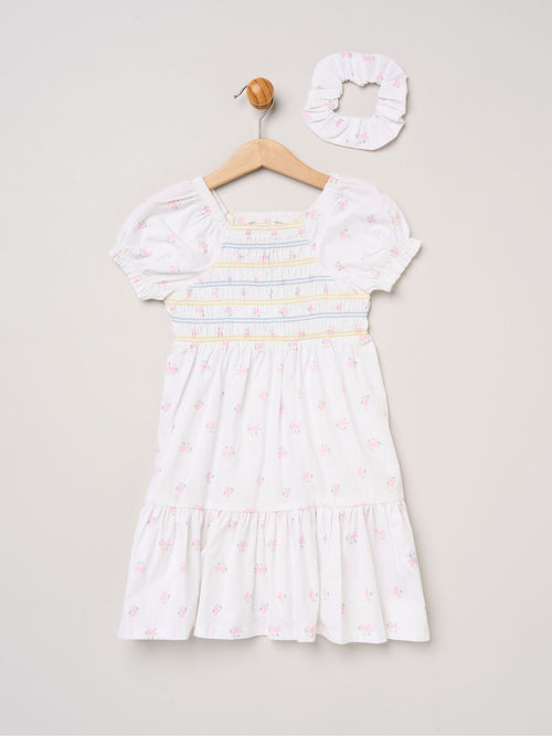 Dsiney Kidz - Miss White Butterfly Embroidered Smocked Dress With Scrunchie Set image 1