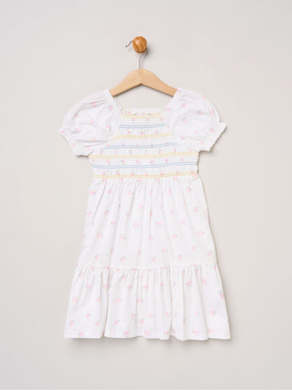Miss White Butterfly Embroidered Smocked Dress With Scrunchie Set image 2