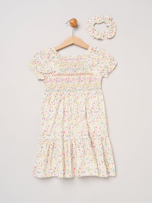Dsiney Kidz - Miss White Ditsy Embroidered Smocked Dress With Scrunchie Set image 1