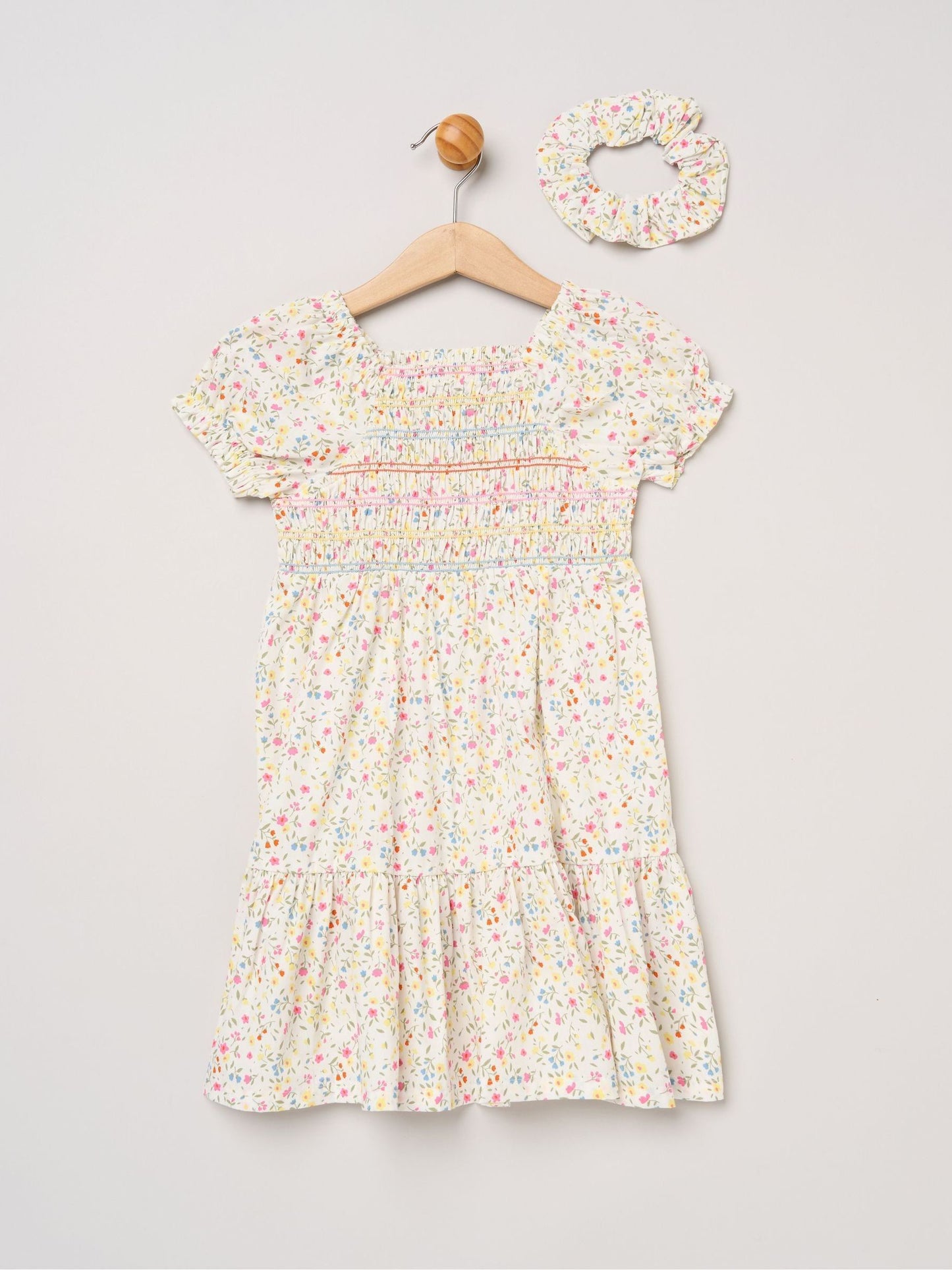 Miss White Ditsy Embroidered Smocked Dress With Scrunchie Set image 1