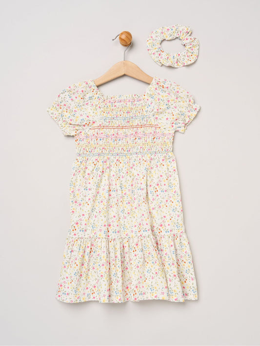 Miss White Ditsy Embroidered Smocked Dress With Scrunchie Set image 1