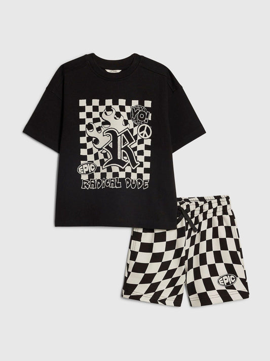 River Island Black Checkerboard T-Shirt And Shorts Set image 1
