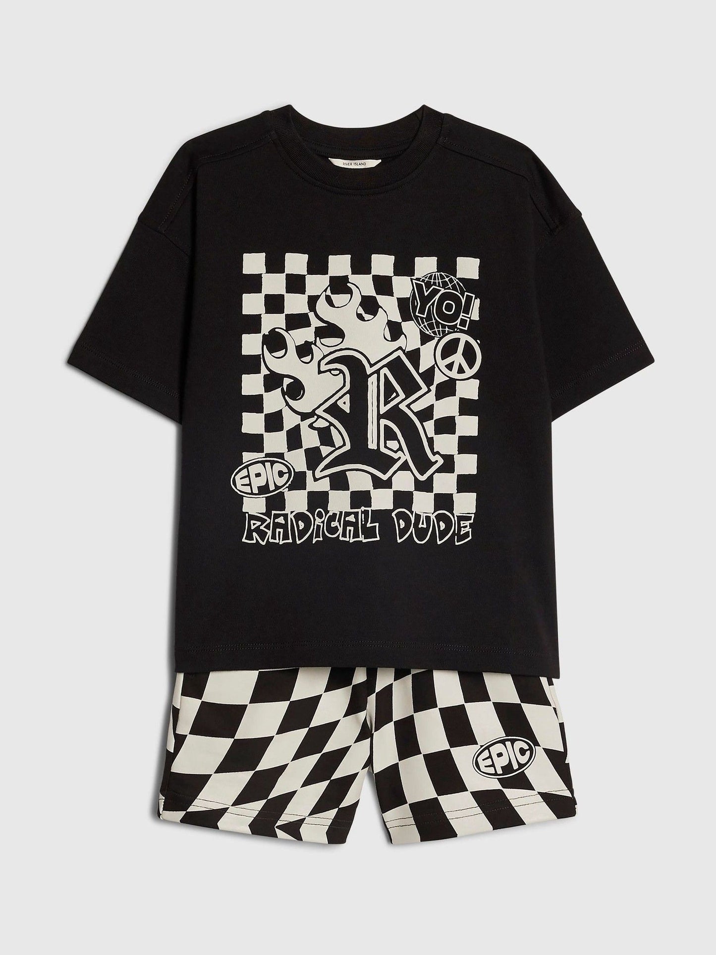 River Island Black Checkerboard T-Shirt And Shorts Set image 3