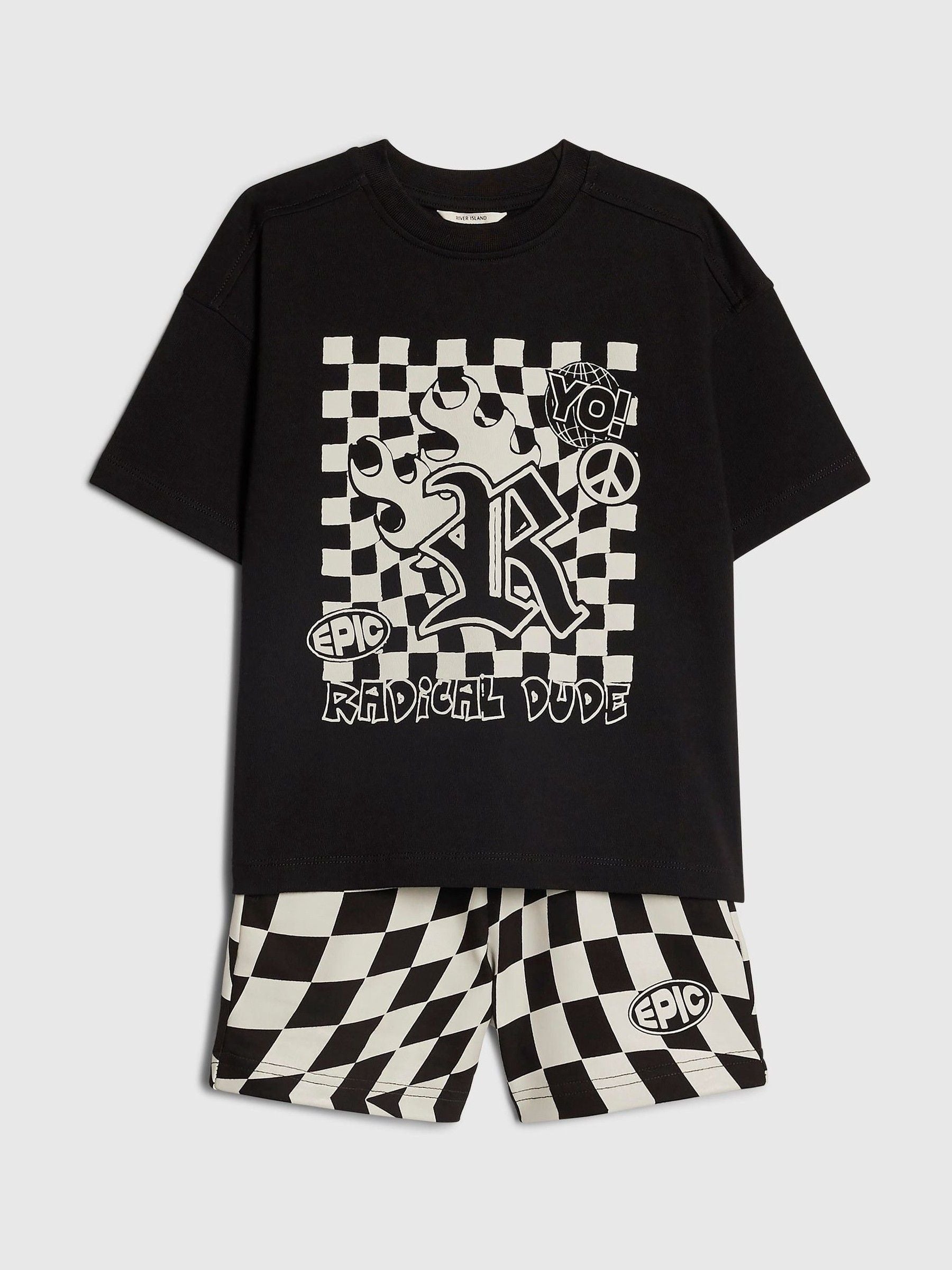 River Island Black Checkerboard T-Shirt And Shorts Set image 3