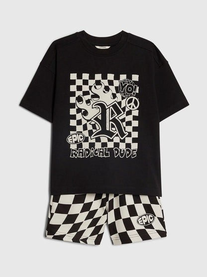 River Island Black Checkerboard T-Shirt And Shorts Set image 3