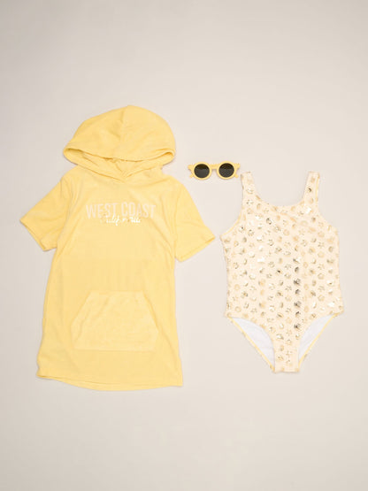 Miss Yellow Lemon And Stripe Printed Swimsuit With Poncho And Sunglasses image 1