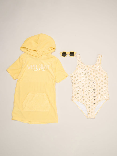 Dsiney Kidz - Miss Yellow Lemon And Stripe Printed Swimsuit With Poncho And Sunglasses image 1