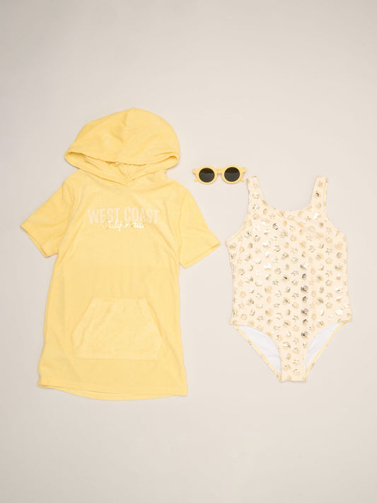 Miss Yellow Lemon And Stripe Printed Swimsuit With Poncho And Sunglasses image 1