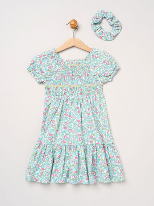 Dsiney Kidz - Miss Blue Floral Embroidered Smocked Dress With Scrunchie Set image 1